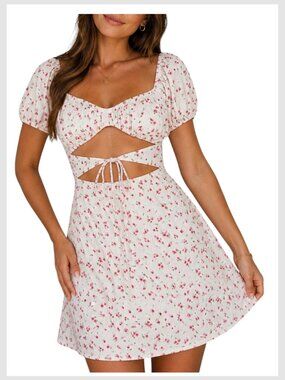 Princess Polly Cutout Mini Dress Red Floral Puff Sleeve XS 2